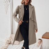 Long Womens Coat with Defined Waist and Tailored Knee Length Silhouette for Office Wear