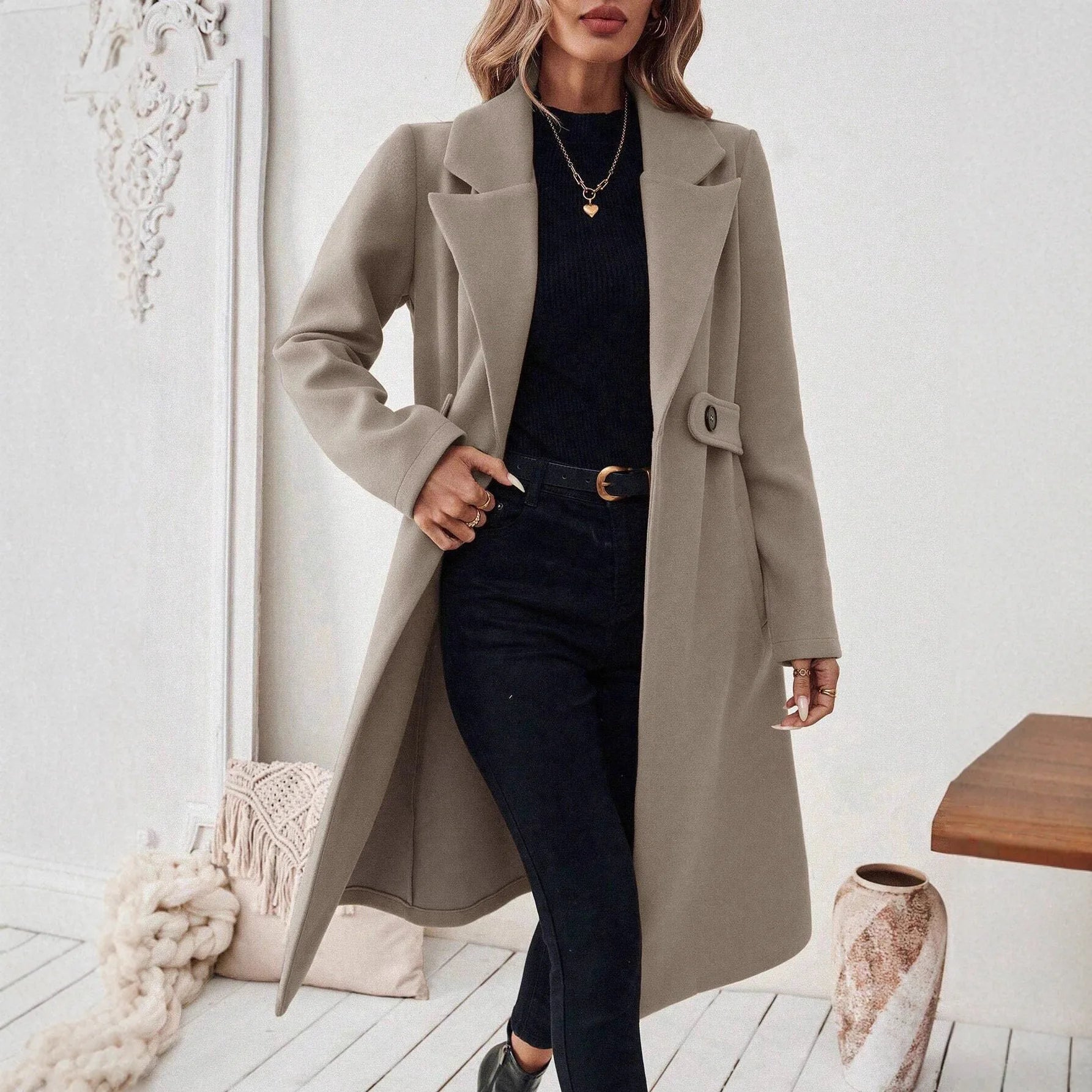 Long Womens Coat with Defined Waist and Tailored Knee Length Silhouette for Office Wear