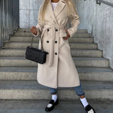 Women's Long Overcoat with Notched Lapel Double Breasted Button Front and Flap Pockets