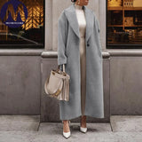 Long Wool Coat with Open Front and Lapel Collar