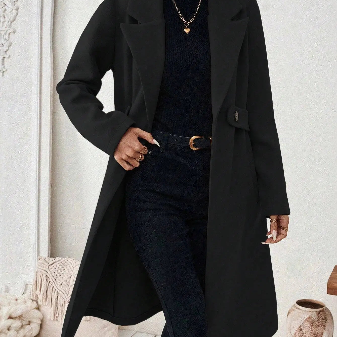 Long Womens Coat with Defined Waist and Tailored Knee Length Silhouette for Office Wear