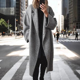 Women's Long Coat with Notched Lapel Collar Relaxed Fit and Side Pockets