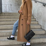 Women's Long Overcoat with Notched Lapel Double Breasted Button Front and Flap Pockets