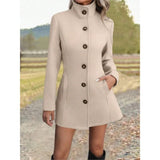 Fitted Stand Collar Coat with Button Front and Side Pockets