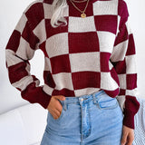 Checkered Knit Sweater with Crew Neck and Long Sleeves