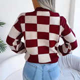 Checkered Knit Sweater with Crew Neck and Long Sleeves