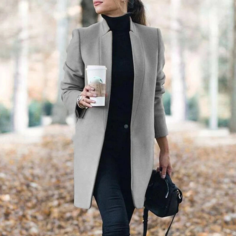 Women's Long Coat with Tailored Lapel Collar Open Front and Relaxed Fit for Office Wear
