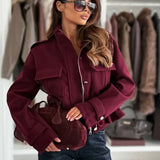 Cropped Jacket with Drawstring Waist and Flap Pockets