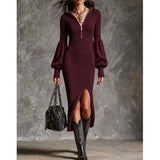 Women's Long Sleeve Midi Dress with V Neck Bishop Sleeves and Fitted Waist