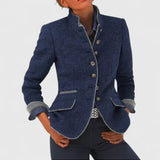 Tailored Blazer with Stand Collar and Contrast Trim