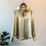 Oversized Satin Blouse with Button Front and Curved Hem