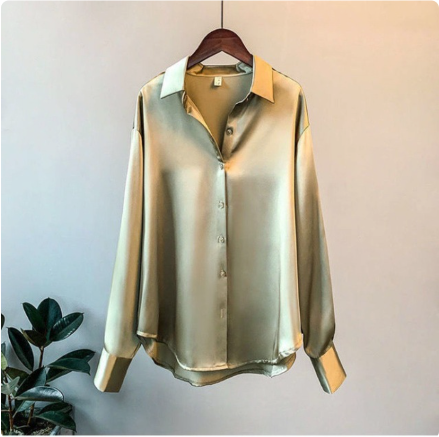 Oversized Satin Blouse with Button Front and Curved Hem