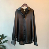 Oversized Satin Blouse with Button Front and Curved Hem