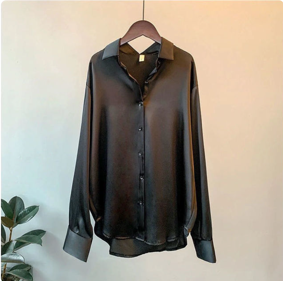 Oversized Satin Blouse with Button Front and Curved Hem