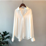 Oversized Satin Blouse with Button Front and Curved Hem