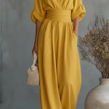 V-Neck Wide-Leg Jumpsuit with Ruched Waist
