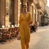 V-Neck Wide-Leg Jumpsuit with Ruched Waist