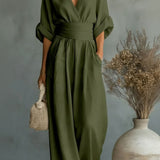 V-Neck Wide-Leg Jumpsuit with Ruched Waist