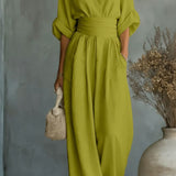 V-Neck Wide-Leg Jumpsuit with Ruched Waist