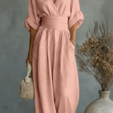 V-Neck Wide-Leg Jumpsuit with Ruched Waist