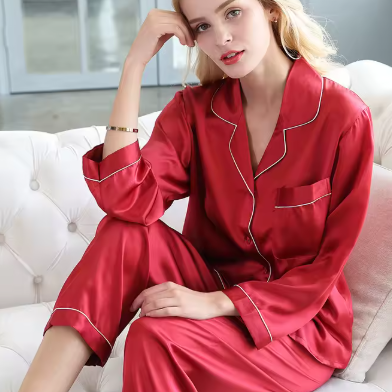 Satin Pajama Set with Button-Up Shirt and Long Pants
