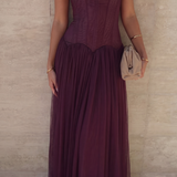Corset Strapless Maxi Dress with Pleated Skirt