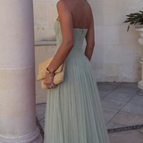 Corset Strapless Maxi Dress with Pleated Skirt