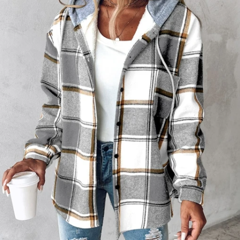 Plaid Hooded Shirt Jacket with Button Front