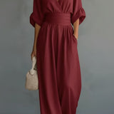 V-Neck Wide-Leg Jumpsuit with Ruched Waist