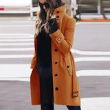 Long Womens Coat with Double Breasted Button Front and High Collar for Office Wear