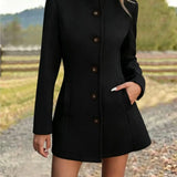 Fitted Stand Collar Coat with Button Front and Side Pockets