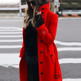 Long Womens Coat with Double Breasted Button Front and High Collar for Office Wear
