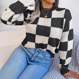 Checkered Knit Sweater with Crew Neck and Long Sleeves
