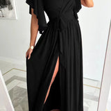 Wrap Maxi Dress with Flutter Sleeve and Tie Waist