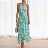 Halter Floral Pleated Maxi Dress with Ruched Waist