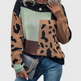 Color block Leopard Print Knit Sweater with Crew Neck