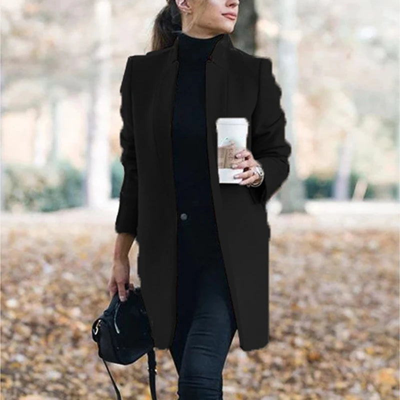 Women's Long Coat with Tailored Lapel Collar Open Front and Relaxed Fit for Office Wear