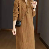 Women's Ribbed Knit Midi Sweater Dress with V Neck Zip Collar and Long Sleeves