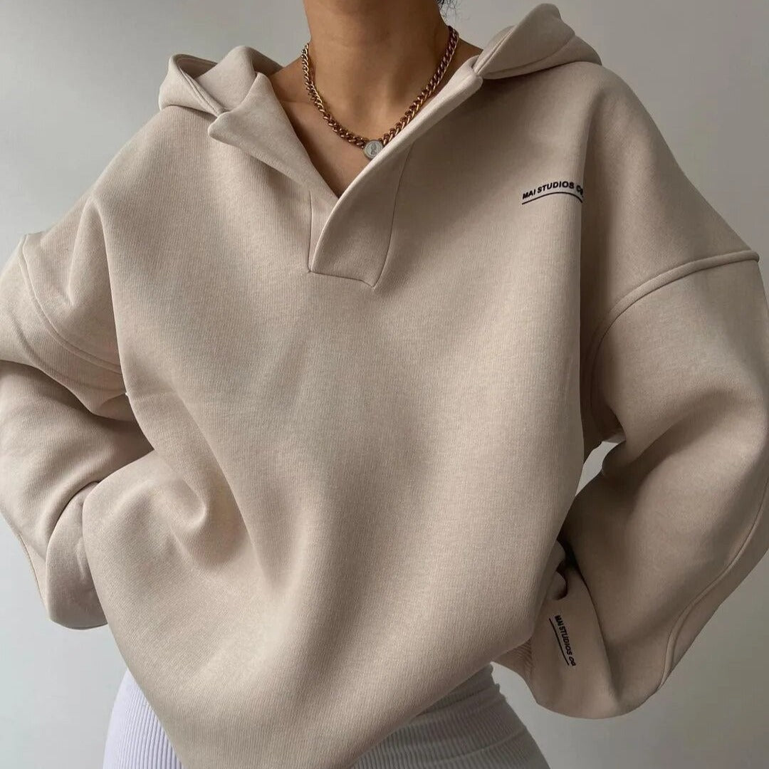 Oversized Hooded Pullover with V-Neck