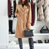 Women's Long Coat with Double Breasted Button Front and Defined Waist for Office Wear