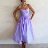 Spaghetti Strap A-Line Midi Dress with Square Neck