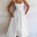Spaghetti Strap A-Line Midi Dress with Square Neck