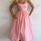 Spaghetti Strap A-Line Midi Dress with Square Neck