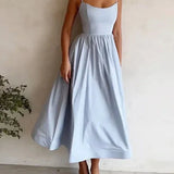 Spaghetti Strap A-Line Midi Dress with Square Neck