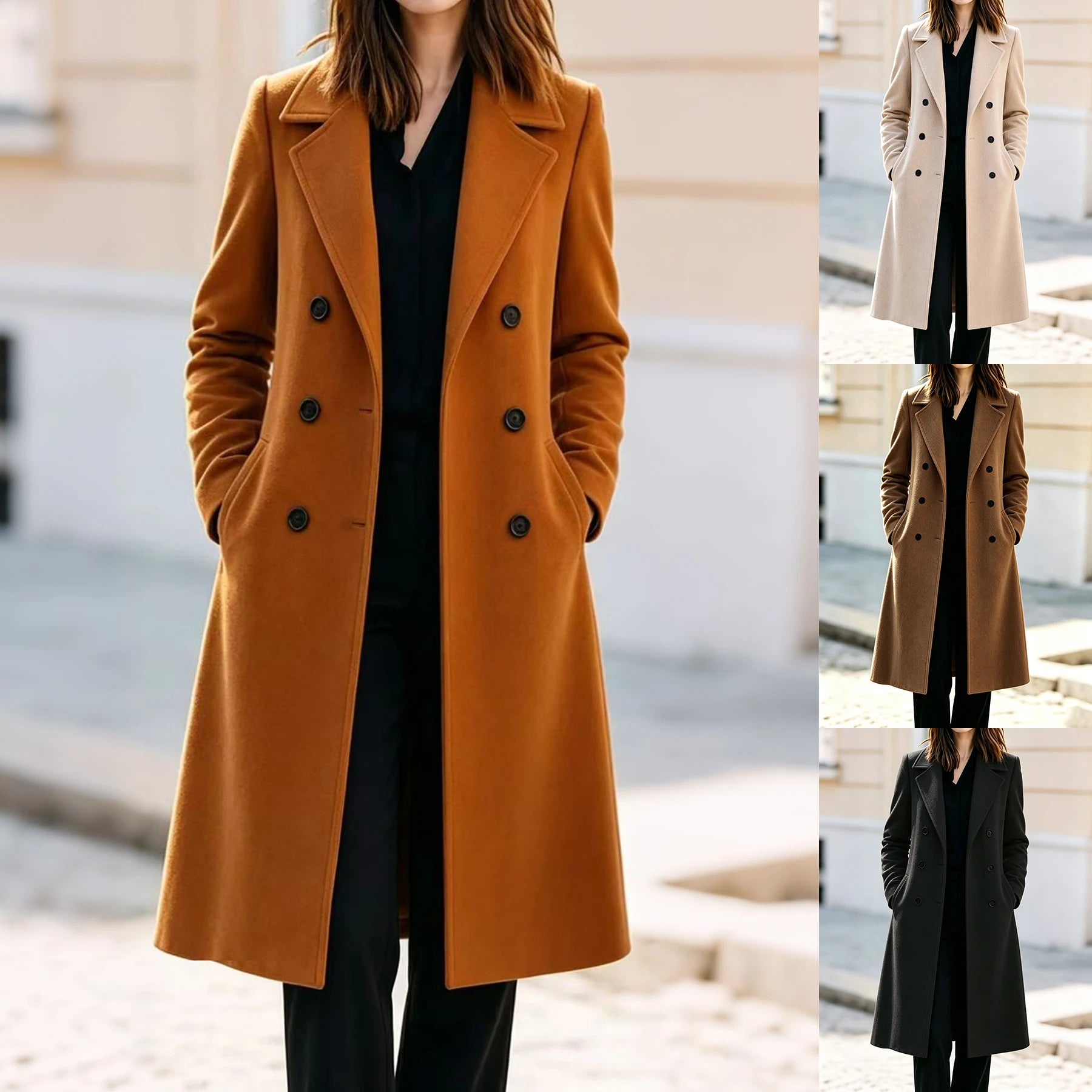 Women's Coat with Structured Knee Length Silhouette and Double Breasted Design for Office Wear