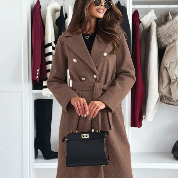 Women's Long Coat with Double Breasted Button Front and Defined Waist for Office Wear
