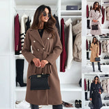 Women's Long Coat with Double Breasted Button Front and Defined Waist for Office Wear