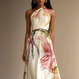 Halter Neck Floral Maxi Dress with Ruched Waist