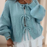 Tie-Front Knit Cardigan with Balloon Sleeves and Ribbed Cuff