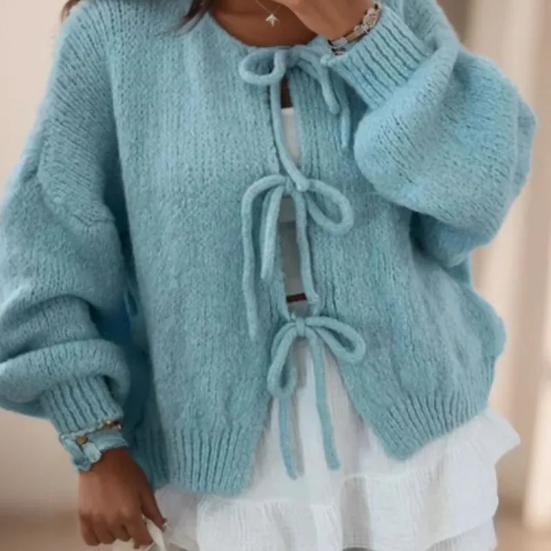 Tie-Front Knit Cardigan with Balloon Sleeves and Ribbed Cuff